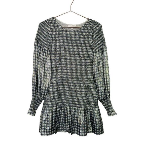 NWT LoveShackFancy Scarlett Gingham Metallic Smocked Dress Silver Size XS - Picture 6 of 12